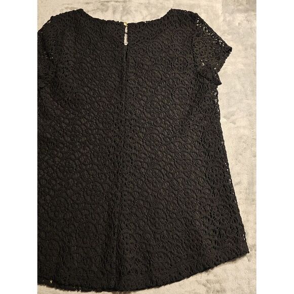 Kaari Blue Tunic Top Blouse Womens Medium Black Floral Lace Career Workwear - Picture 6 of 14